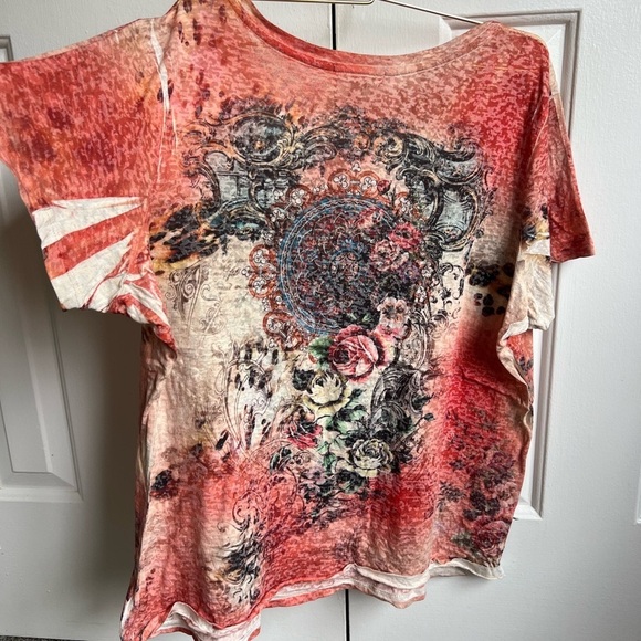 dressbarn Artistic Floral Short Sleeve Top - Red and Cream - Picture 5 of 5